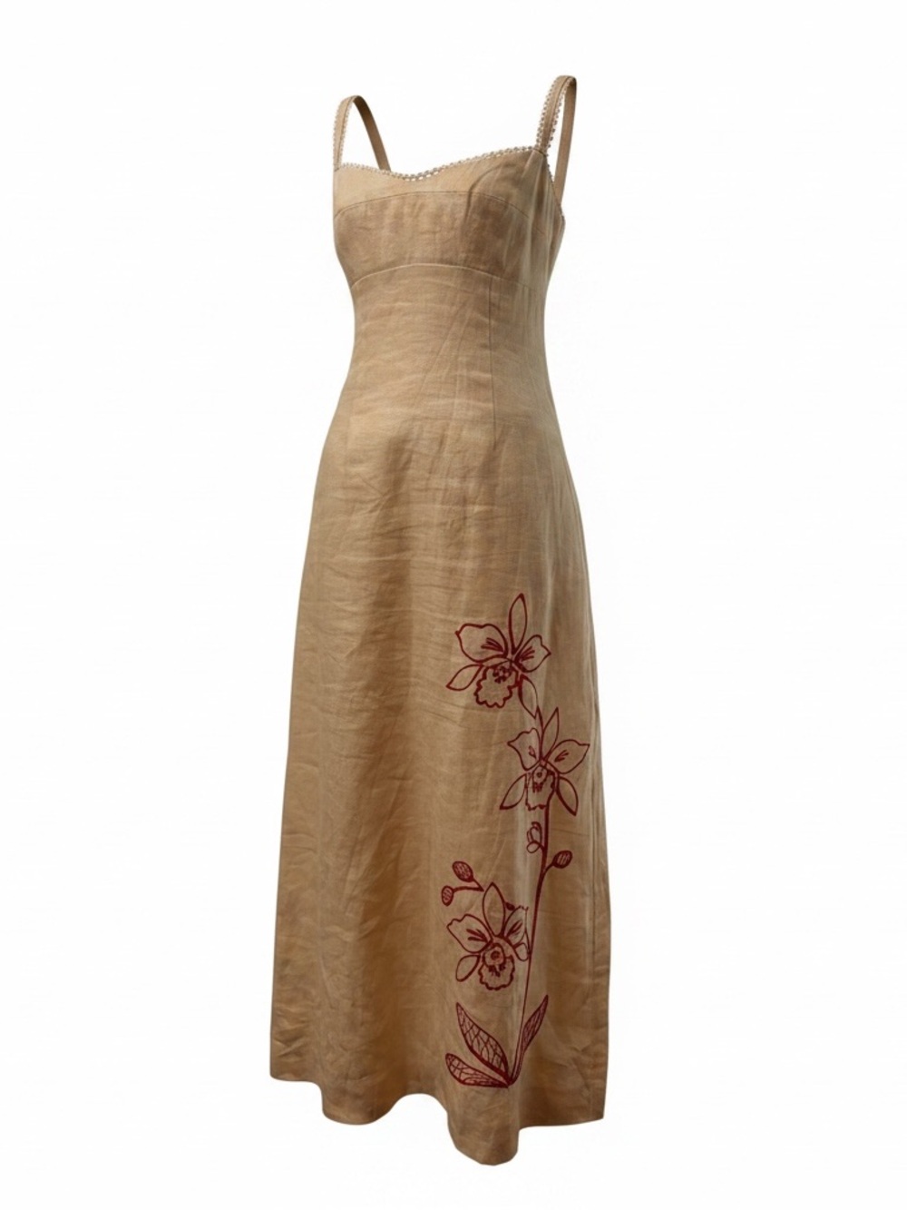 Reformation Cream Midi Slip Dress with Red Floral Embroidery - Picture 3 of 13